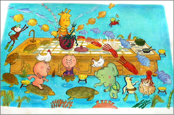 受賞した創作キャラクターをもとにして描いたという絵本の1ページ